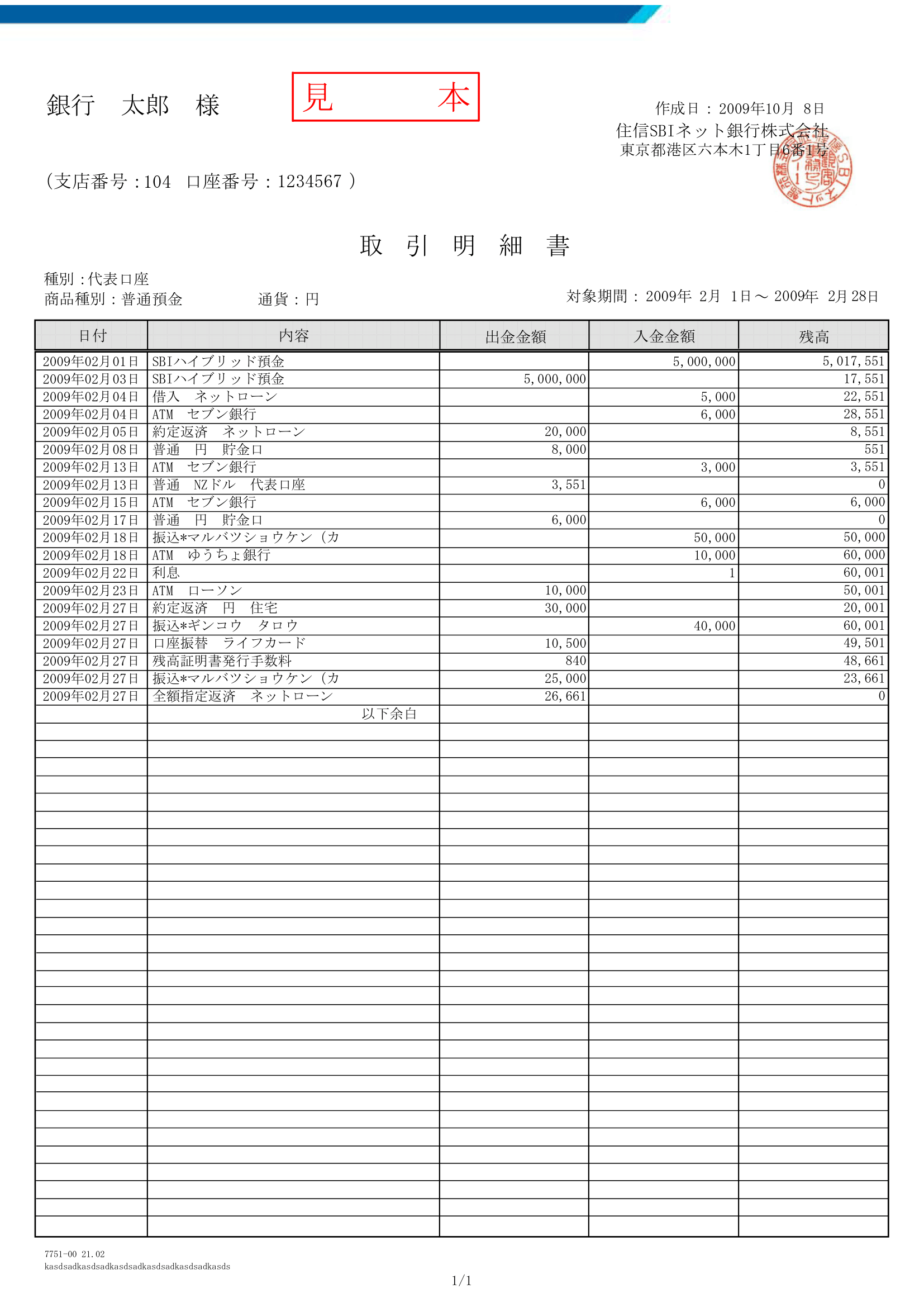 Sample bank statement